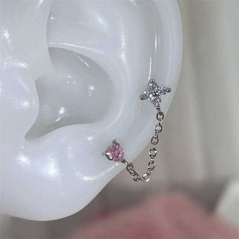 1PCS Pink Love Heart Chain Double Ear Hole 316L Stainless Steel Ear Bone Nail Y2K Fashion Hottie Earrings for Women Jewelry