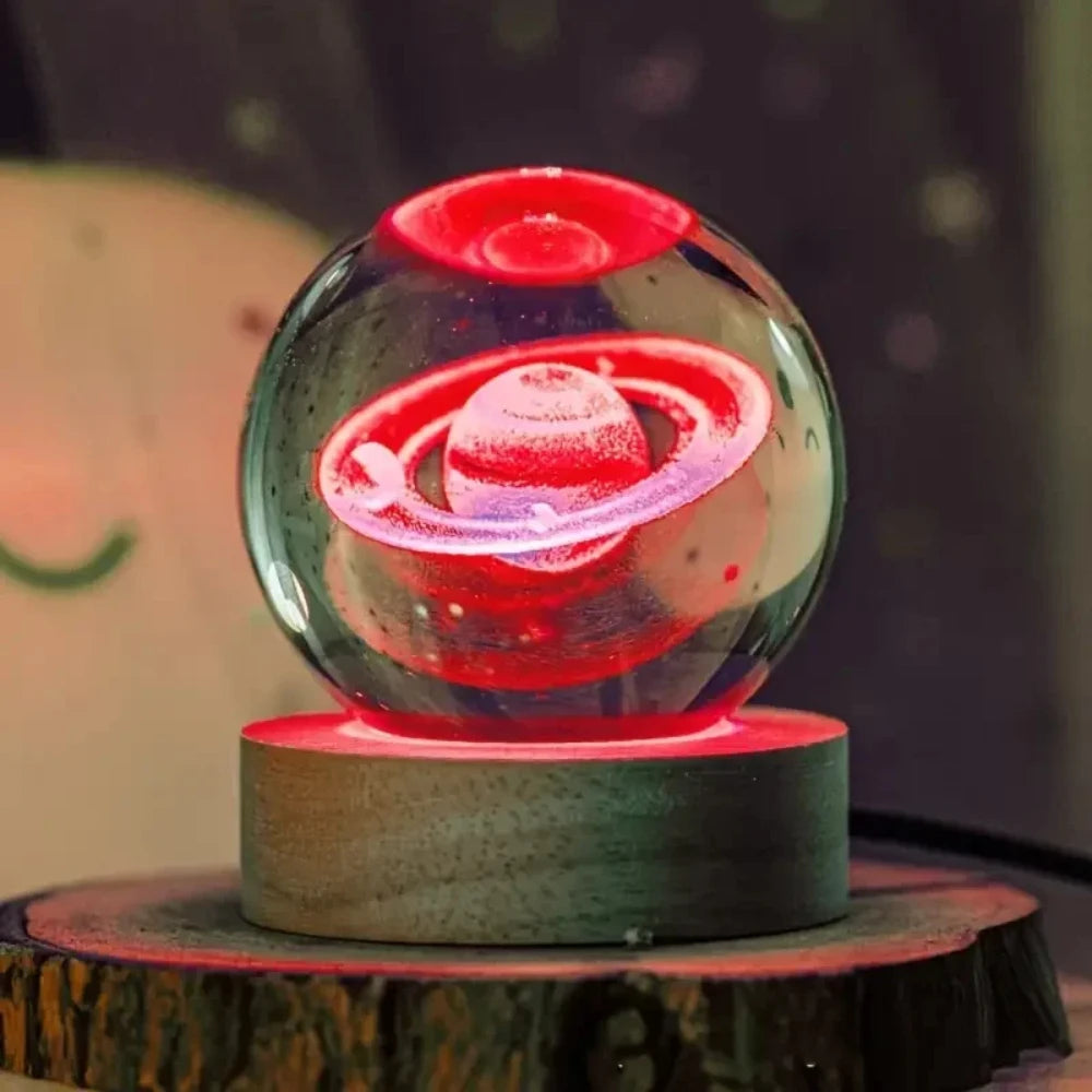 6cm 3D Interior Sculpted Saturn Illuminated Crystal Ball Ornament with Colorful Wood Base Nightlight Indoor Tabletop Birthday