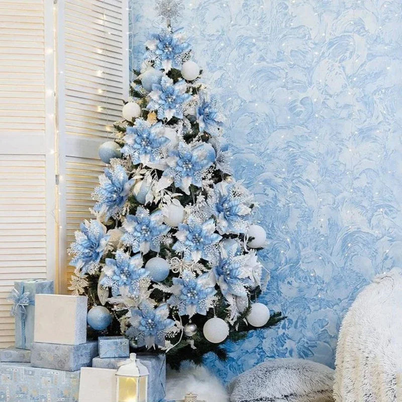 14.5cm Glitter Artifical Christmas Flowers Merry Christmas Tree Decoration Happy New Year Ornaments Xmas Fake Flowers Natal