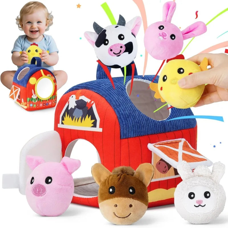 Portable Baby Barn Toy Box Farm Mini Doll with Filled Farm Animals Montessori Toddler Sensory Toy for 1-3 Years Old Children