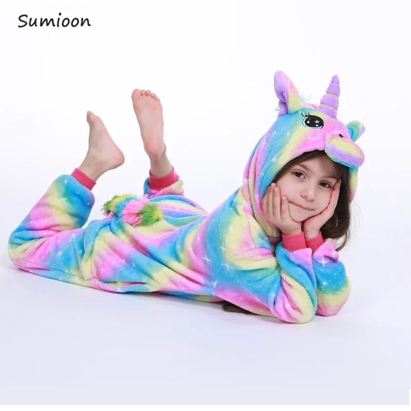 Kids Unicorn Animal Jumpsuits Cartoon Pajamas Cosplay Holiday Costume Cat Panda Flannel Sleepwear for Children Outfits 4-12Yrs