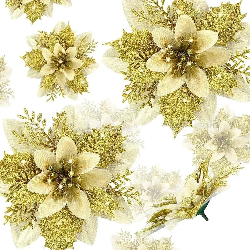 14.5cm Glitter Artifical Christmas Flowers Merry Christmas Tree Decoration Happy New Year Ornaments Xmas Fake Flowers Natal