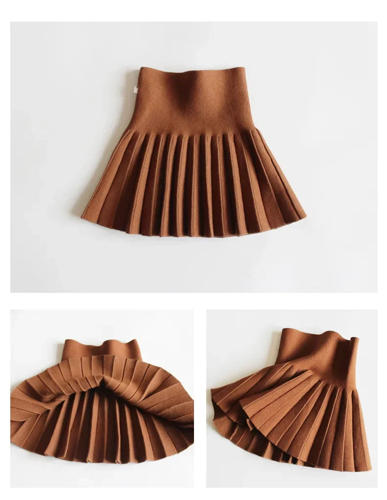 Baby Girls Knit Skirt Autumn Winter Princess Pleated Children School High Waist Mini Tutu Skirts Kids Clothing