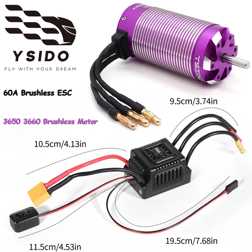 YSIDO 3650 3660 Brushless Motor with 60A ESC Combo 3.175/5.0mm Shaft For 1/10 Tamiya Traxxas Wltoys RC Racing Off-Road Truck Car
