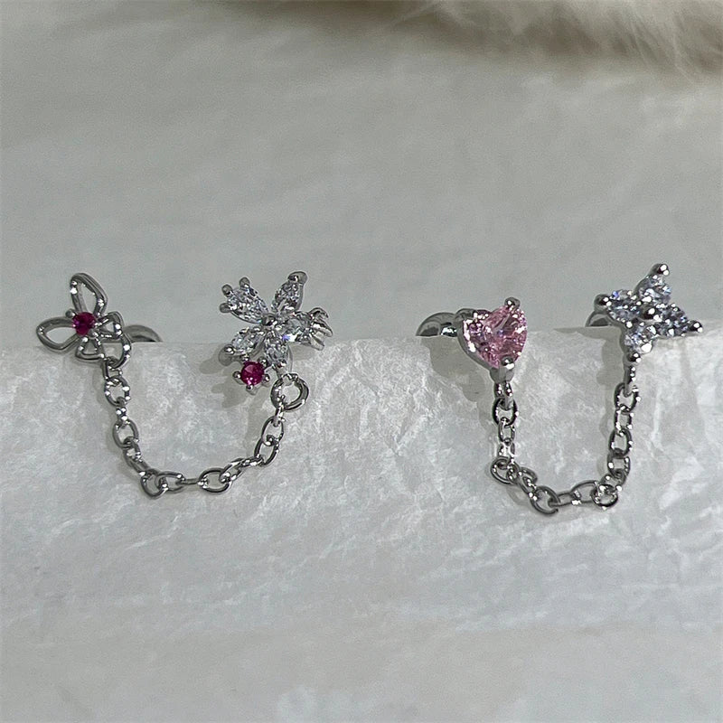 1PCS Pink Love Heart Chain Double Ear Hole 316L Stainless Steel Ear Bone Nail Y2K Fashion Hottie Earrings for Women Jewelry