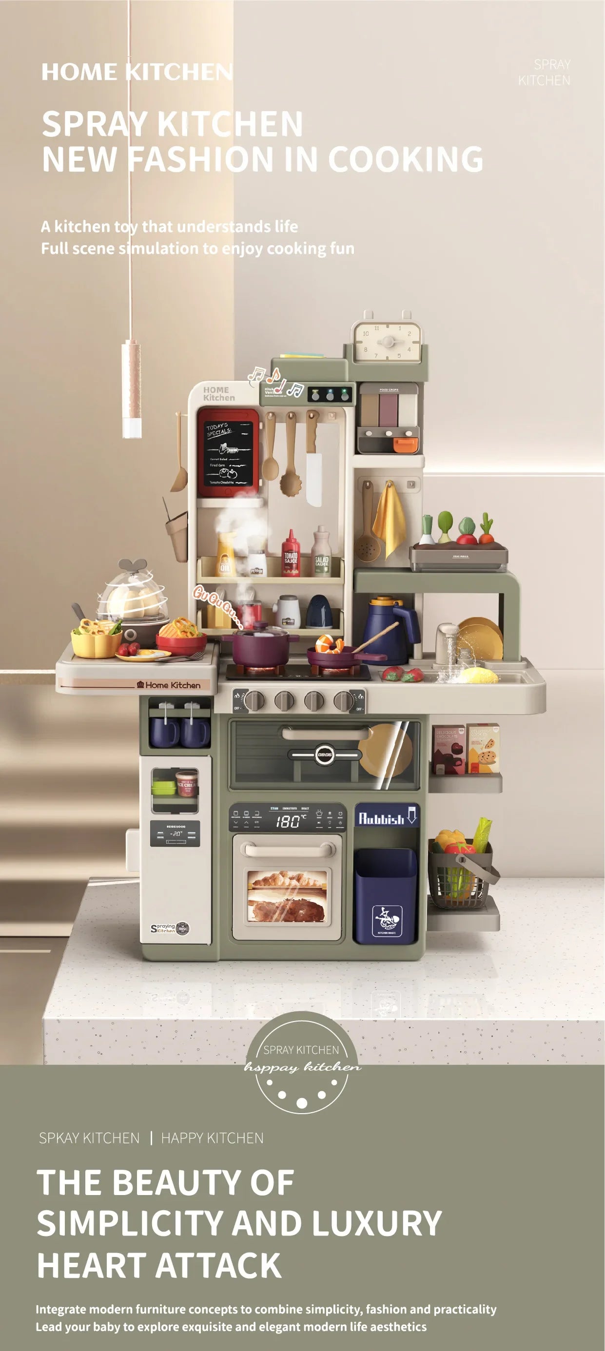 New 93cm Children's Simulated Spray Kitchen Tableware Set Sound Light Smoke Water Tableware Table Toy Christmas Gift Toy