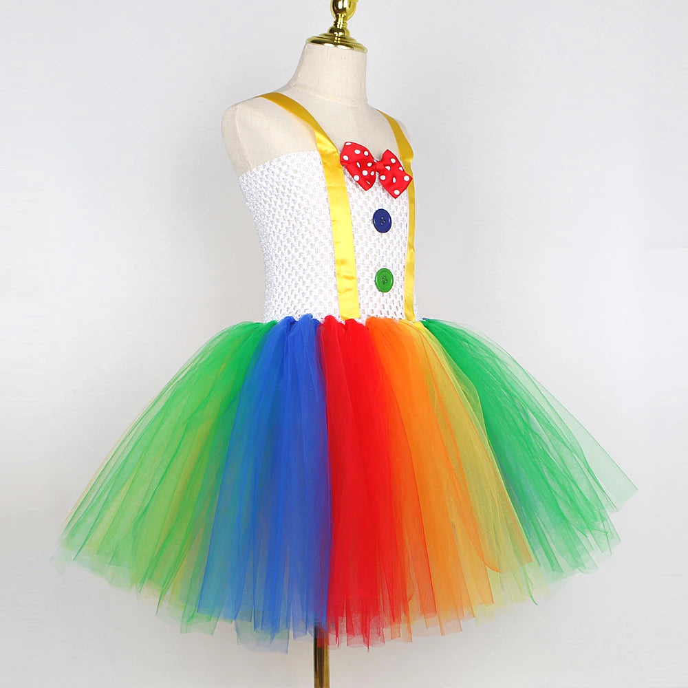 Rainbow Circus Clown Costume for Girls Funny Joker Halloween Tutu Dress for Kids Birthday Carnival Party Outfit Children Clothes