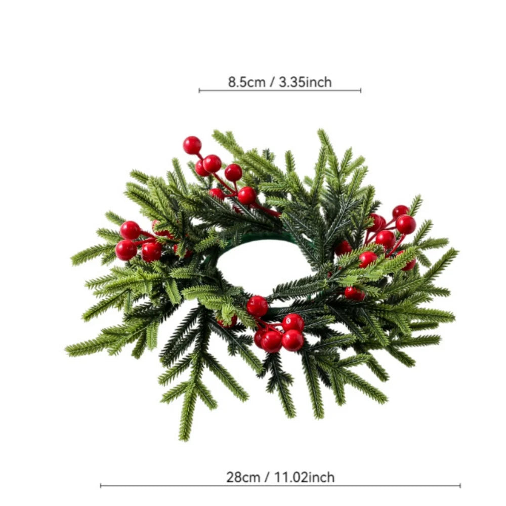 Red Christmas Flowers Wreath Artificial Berries Pinecone Pine Candlestick Wreaths Garland Candle Ring Table Home Party Decor