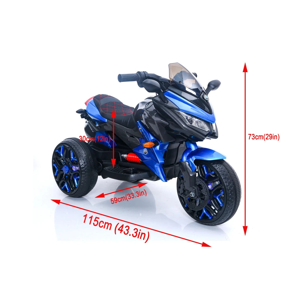 Kids Ride on Motorcycle, 3 Wheel Battery Powered Motorcycle, 12 V Kids Ride on Toy with PU Seat Training Wheels/Lighted Wheels
