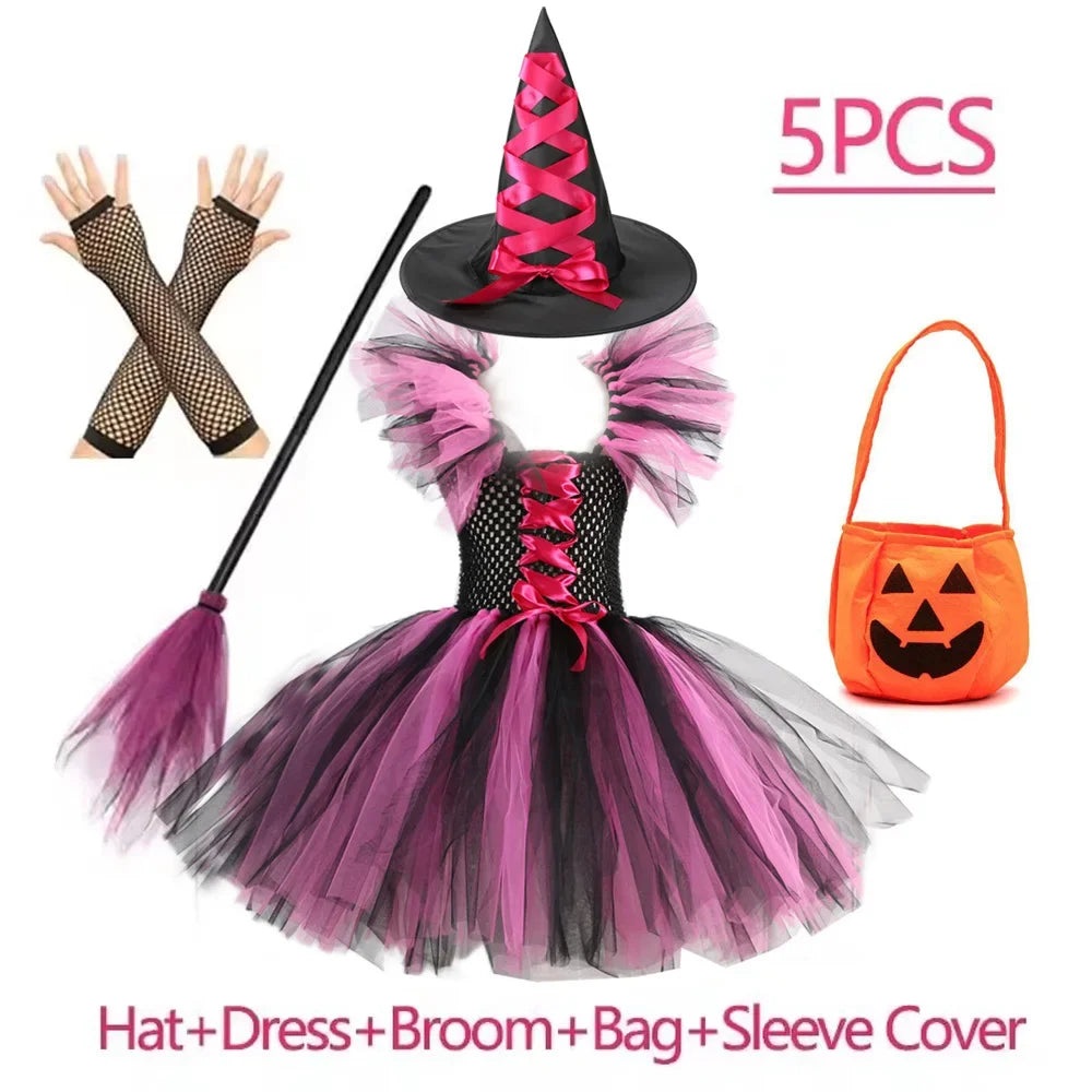 Kids Halloween Witch Costumes for Girls Carnival Party Fancy Dress Children Witches Disguise Tutu Outfit Clothes with Broom Hat