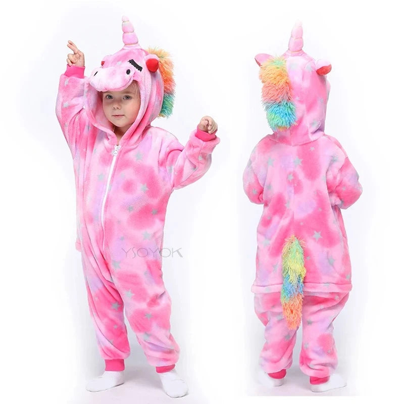 Kids Unicorn Animal Jumpsuits Cartoon Pajamas Cosplay Holiday Costume Cat Panda Flannel Sleepwear for Children Outfits 4-12Yrs