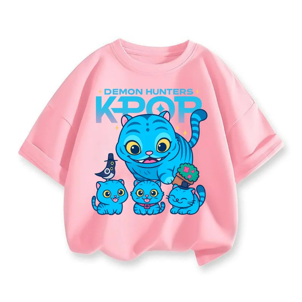 New 2025 Korean Wave Demon Hunter Cotton Printed Fashion Casual Round Neck Cartoon Girl T-shirt