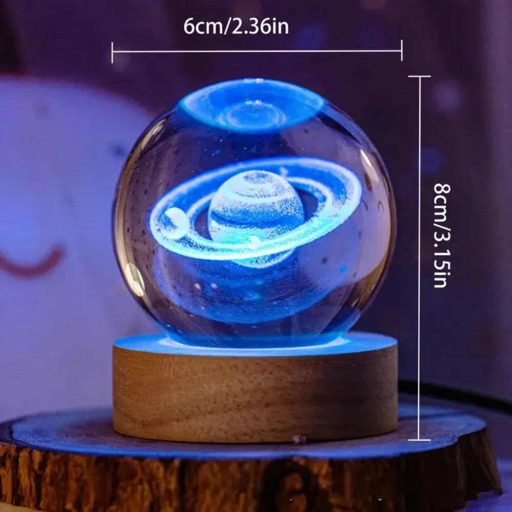 6cm 3D Interior Sculpted Saturn Illuminated Crystal Ball Ornament with Colorful Wood Base Nightlight Indoor Tabletop Birthday