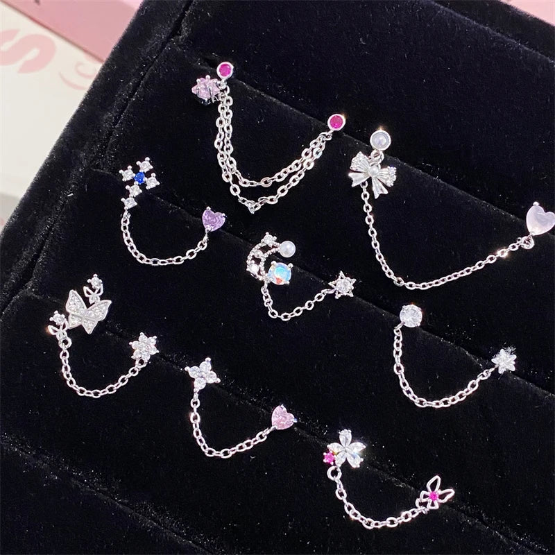 1PCS Pink Love Heart Chain Double Ear Hole 316L Stainless Steel Ear Bone Nail Y2K Fashion Hottie Earrings for Women Jewelry