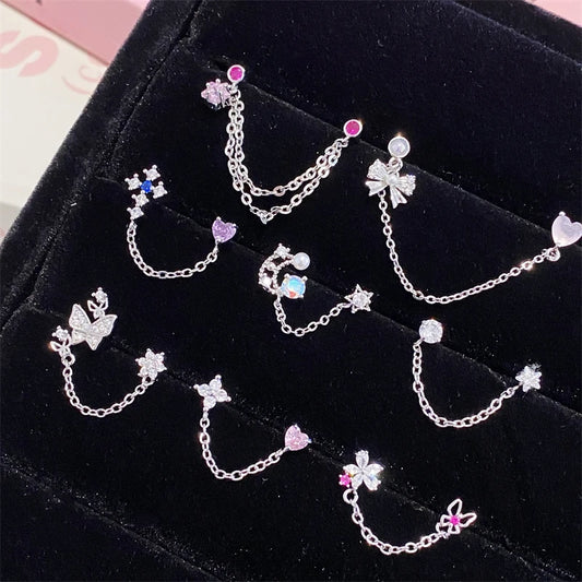 1PCS Pink Love Heart Chain Double Ear Hole 316L Stainless Steel Ear Bone Nail Y2K Fashion Hottie Earrings for Women Jewelry