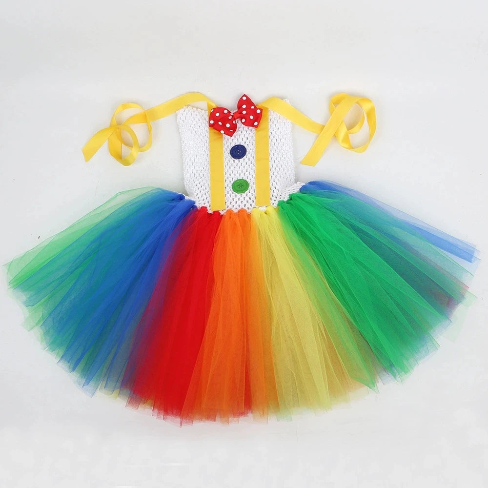 Rainbow Circus Clown Costume for Girls Funny Joker Halloween Tutu Dress for Kids Birthday Carnival Party Outfit Children Clothes