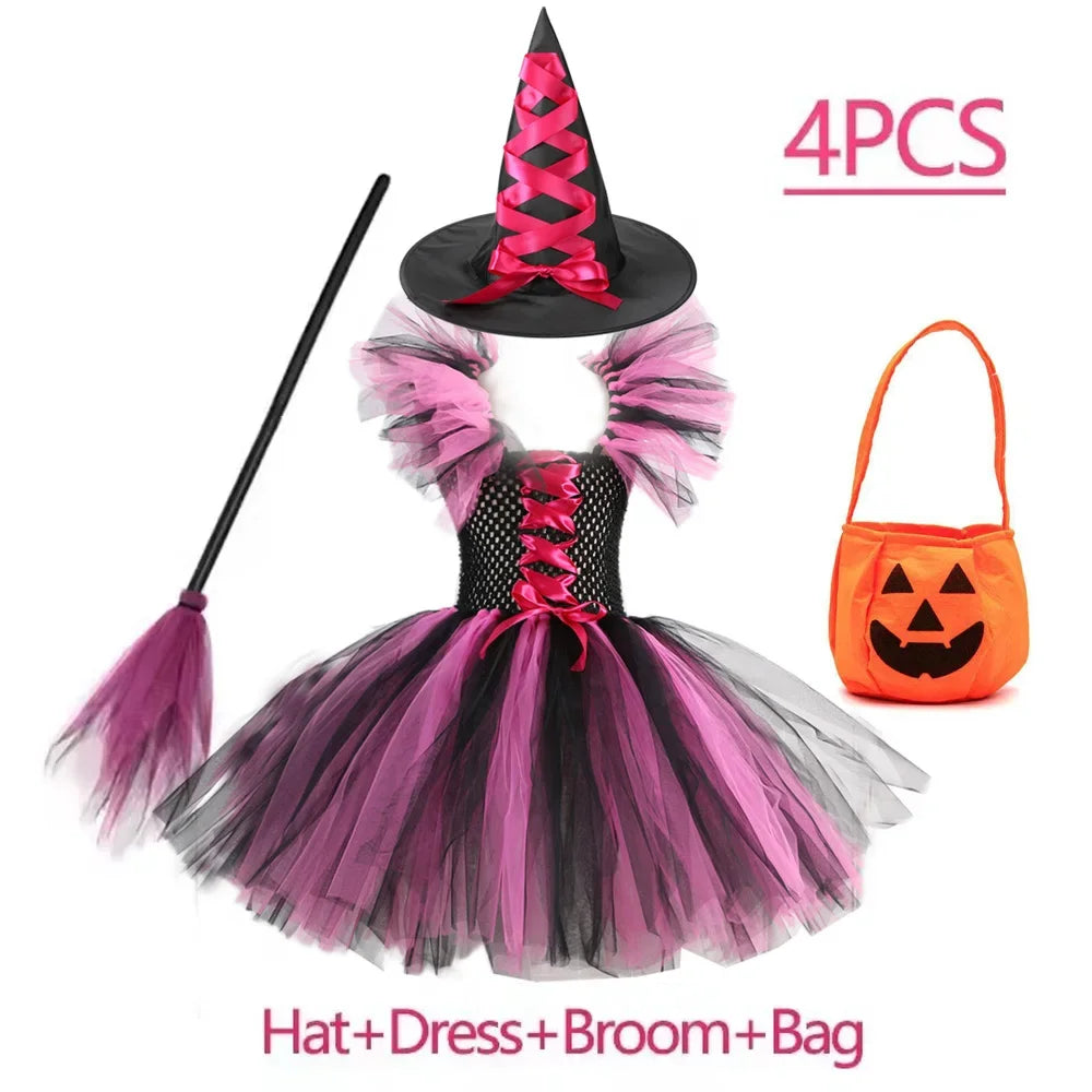 Kids Halloween Witch Costumes for Girls Carnival Party Fancy Dress Children Witches Disguise Tutu Outfit Clothes with Broom Hat