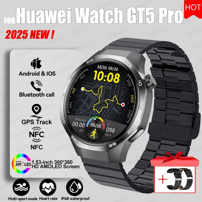 2025 New GT5 Pro GPS Track Compass Smart Watch Men 360*360 AMOLED Screen NFC BT Call Waterproof Health Monitor Man Smartwatches