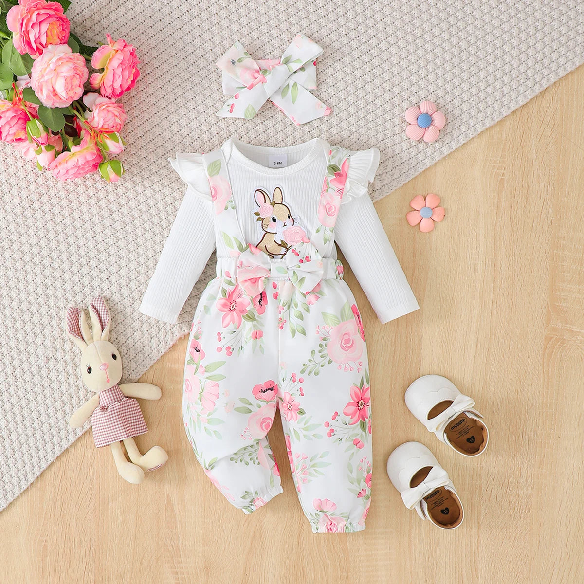 0-18Months Baby Girl Clothes Set Red Color Long Sleevs Bodysuit + Flower Strap Pants 2PCS Infant Girl New Years Clothing Suit
