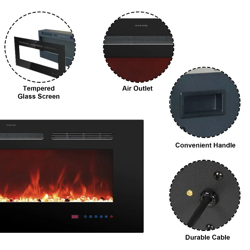 Wall mounted electric fireplace realistic flame effect adjustable thermostat dimmer remote control 1500W