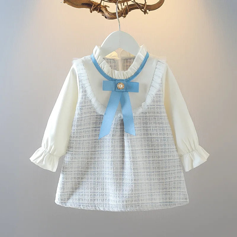 Long Sleeved Baby Girl Dress With Spring And Autumn Bow Lace Splicing Small Plaid Sweet Long Sleeved Dress