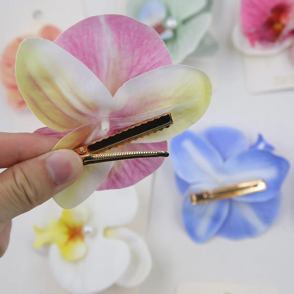 Artificial Orchid Flower Butterfly Hair Clips for Woman Girls Phalaenopsis Pearl Duckbill Hairgrips Hairpins Hair Accessories
