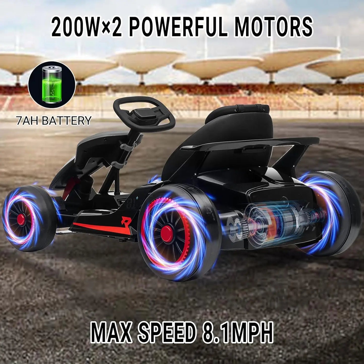 24V Go Kart Ride On Racing Toy for Kids 6+ Ride On Drift Kart with 200W*2 Extra Powerful Motors Large Battery with Music Horn