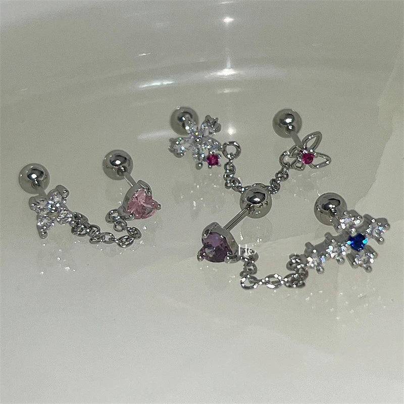 1PCS Pink Love Heart Chain Double Ear Hole 316L Stainless Steel Ear Bone Nail Y2K Fashion Hottie Earrings for Women Jewelry