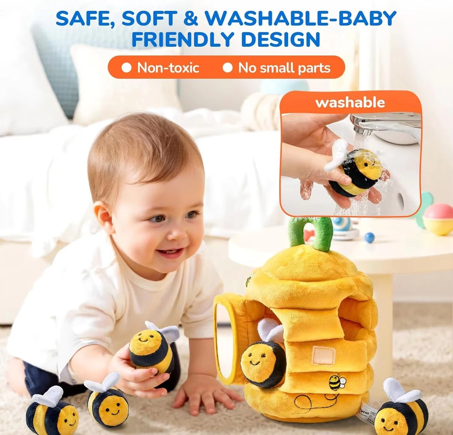 Baby Toys 6-12 Months Soft Baby Beehive with 5 Sensory Bee Rattle Mirror Crinkle Squeaker Busy Montessori Soft Toy for Toddlers