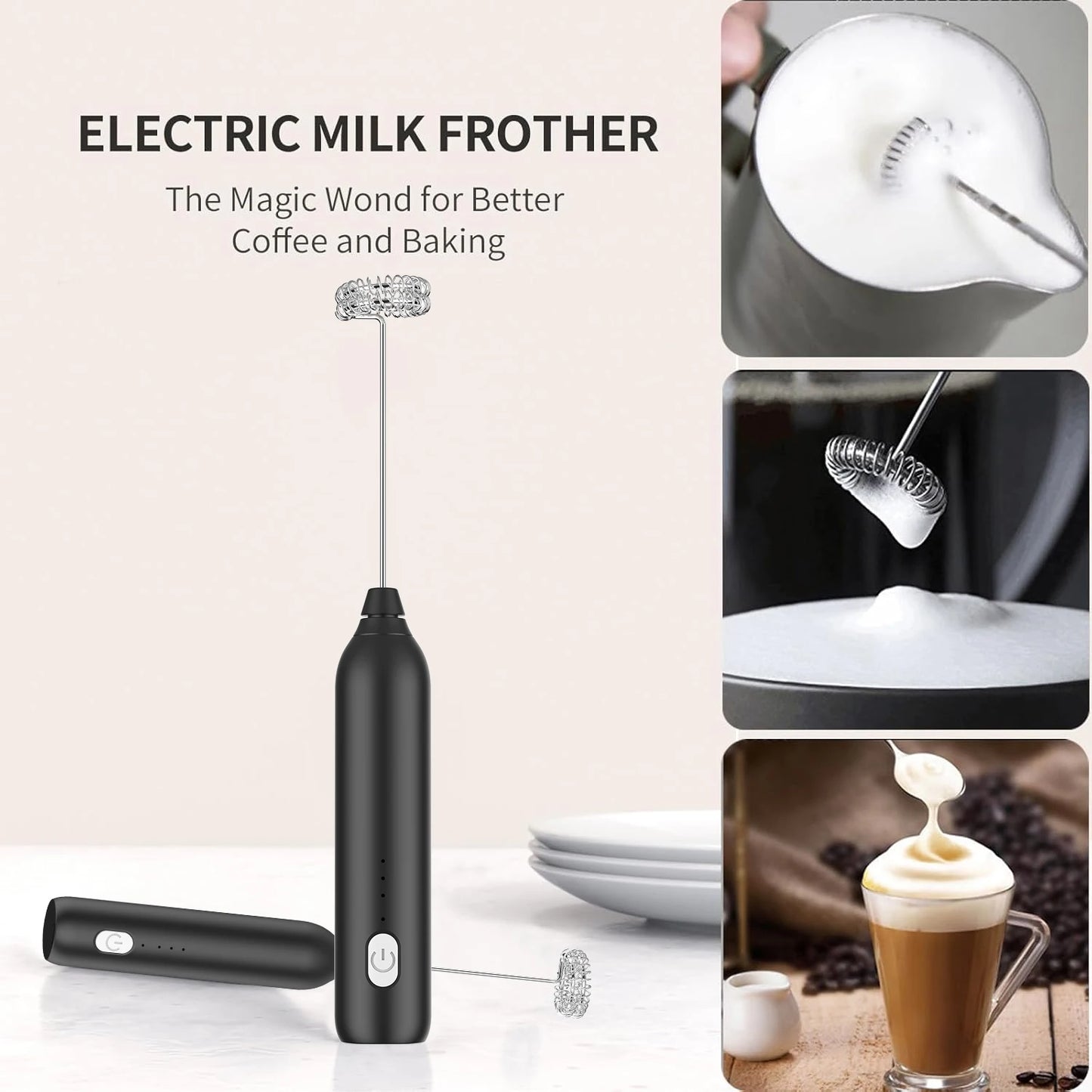 Milk Frother, 3-Speed Electric Frother for Coffee with Whisk and Frother, USB Rechargeable Milk Foamer Maker