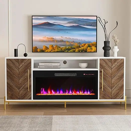 "68-inch wood tv stand with built-in 36-inch electric fireplace and storage entertainment center for tvs up to 75 inches"
