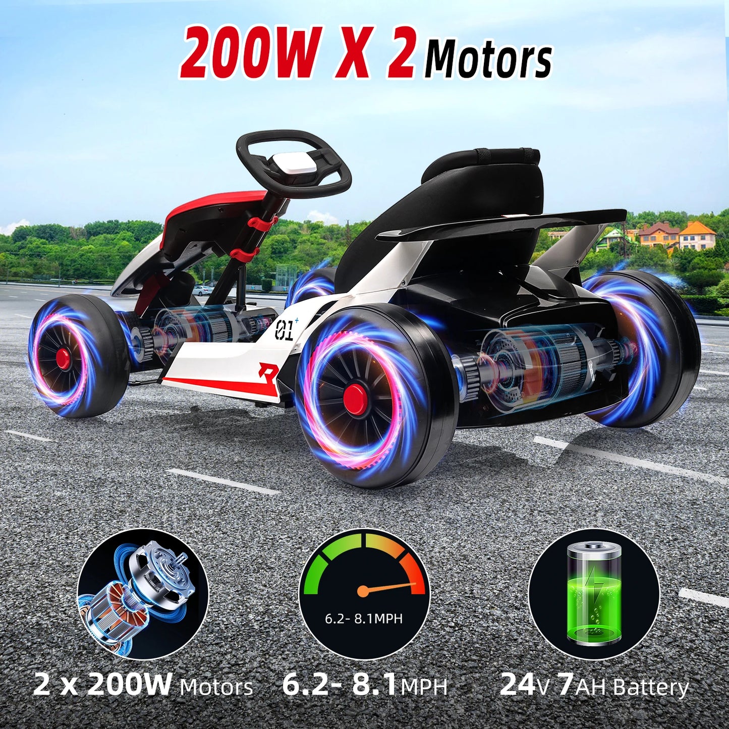24V Go Kart Ride On Racing Toy for Kids 6+ Ride On Drift Kart with 200W*2 Extra Powerful Motors Large Battery with Music Horn