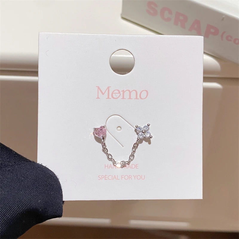 1PCS Pink Love Heart Chain Double Ear Hole 316L Stainless Steel Ear Bone Nail Y2K Fashion Hottie Earrings for Women Jewelry