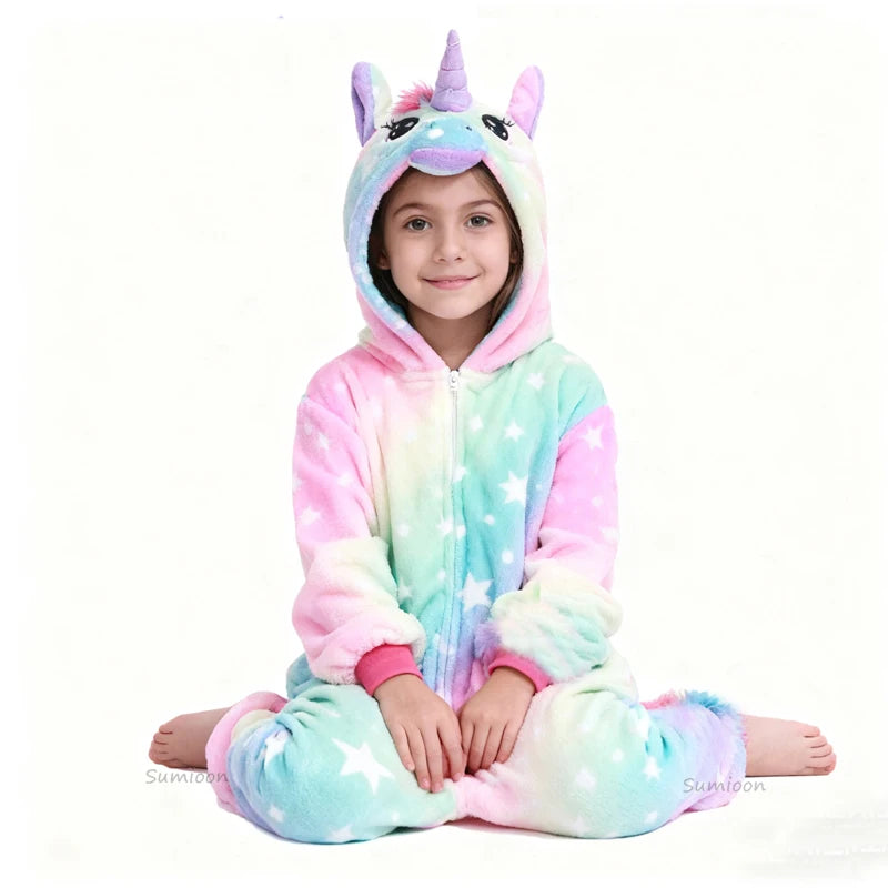 Kids Unicorn Animal Jumpsuits Cartoon Pajamas Cosplay Holiday Costume Cat Panda Flannel Sleepwear for Children Outfits 4-12Yrs