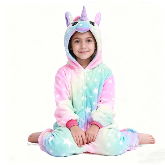 Kids Unicorn Animal Jumpsuits Cartoon Pajamas Cosplay Holiday Costume Cat Panda Flannel Sleepwear for Children Outfits 4-12Yrs