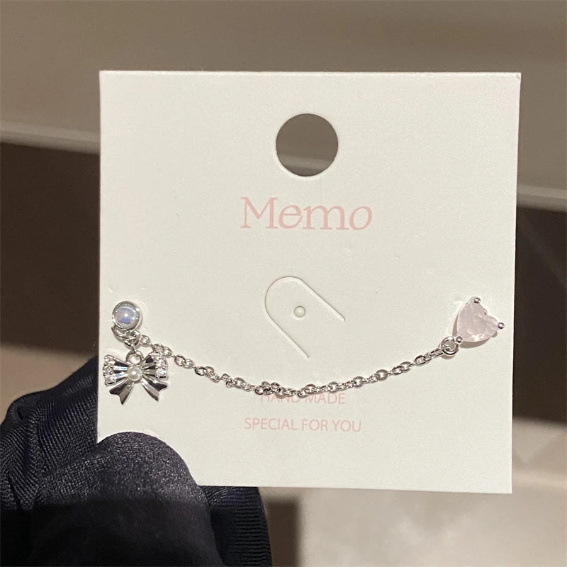 1PCS Pink Love Heart Chain Double Ear Hole 316L Stainless Steel Ear Bone Nail Y2K Fashion Hottie Earrings for Women Jewelry