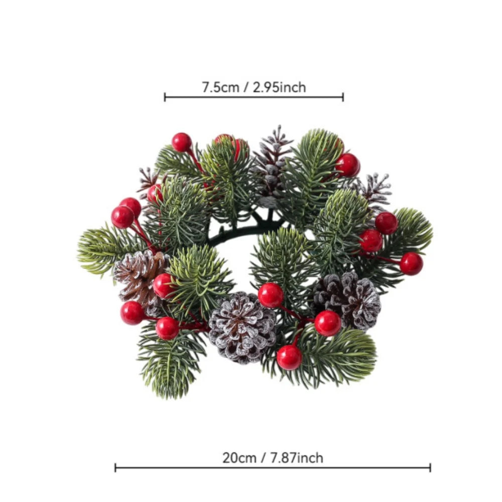 Red Christmas Flowers Wreath Artificial Berries Pinecone Pine Candlestick Wreaths Garland Candle Ring Table Home Party Decor