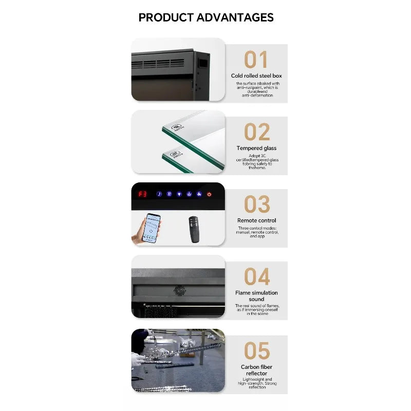 Wall mounted electric fireplace realistic flame effect adjustable thermostat dimmer remote control 1500W