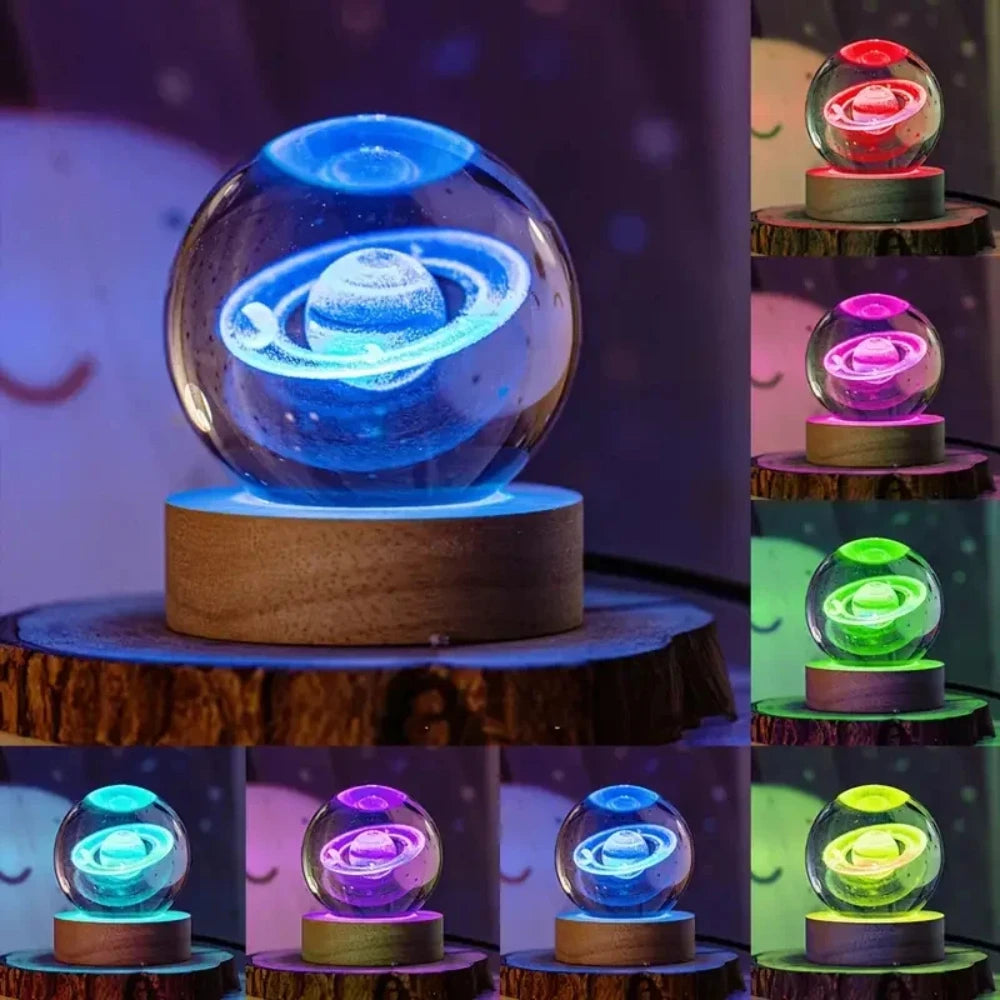 6cm 3D Interior Sculpted Saturn Illuminated Crystal Ball Ornament with Colorful Wood Base Nightlight Indoor Tabletop Birthday