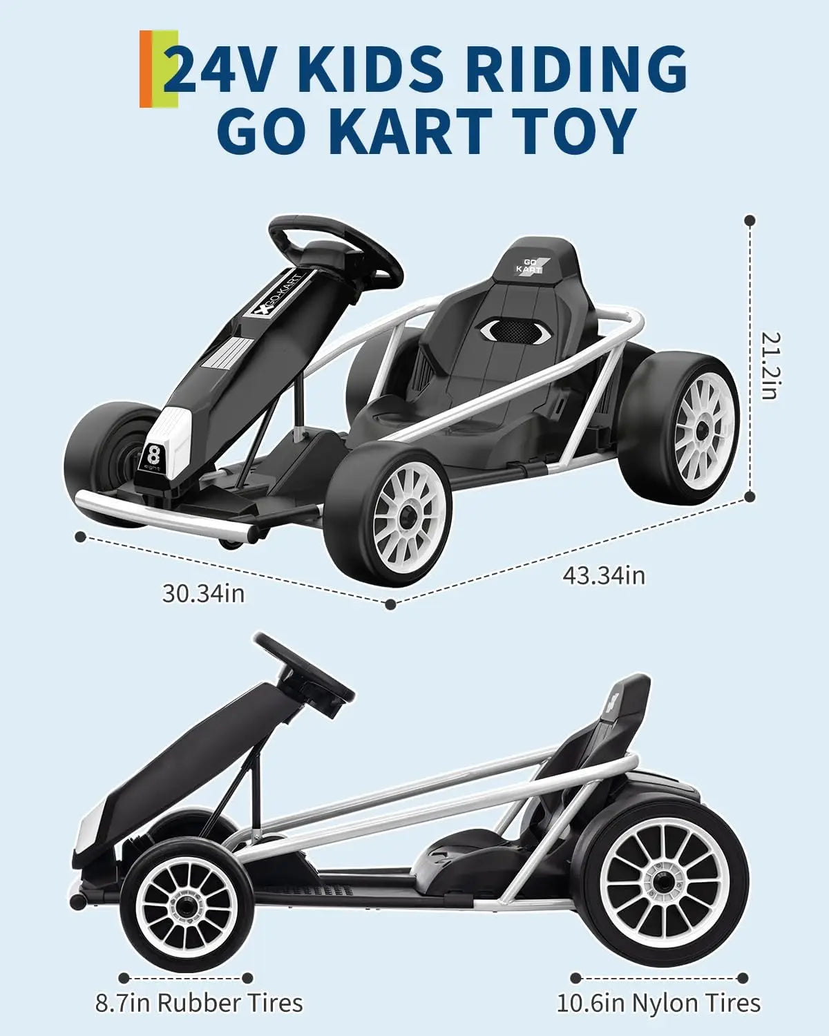 24V Kids Electric Riding Go Kart with Dual 250w Motors,9Ah Battery,8MPH,Slow Start,Music,Horn,and Max Load 150Lbs,High/Low Speed