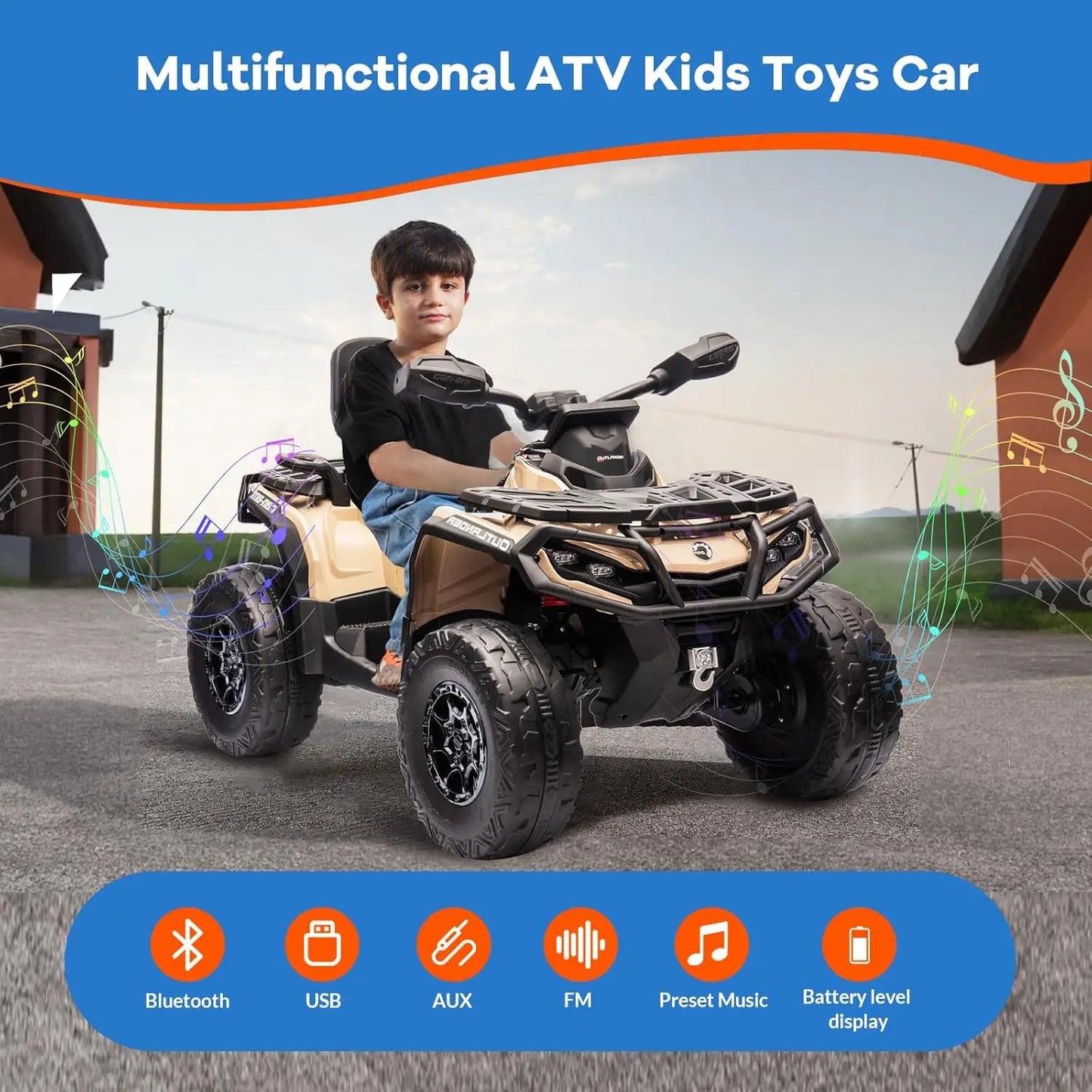 2 Seater Ride On ATV for Kids, 24V Four Wheeler Electric ATV Battery Powered with Leather Seat, Safety Belt Bluetooth 3 Speeds