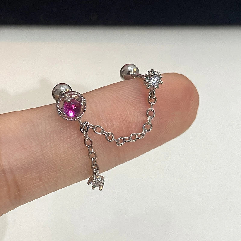 1PCS Pink Love Heart Chain Double Ear Hole 316L Stainless Steel Ear Bone Nail Y2K Fashion Hottie Earrings for Women Jewelry