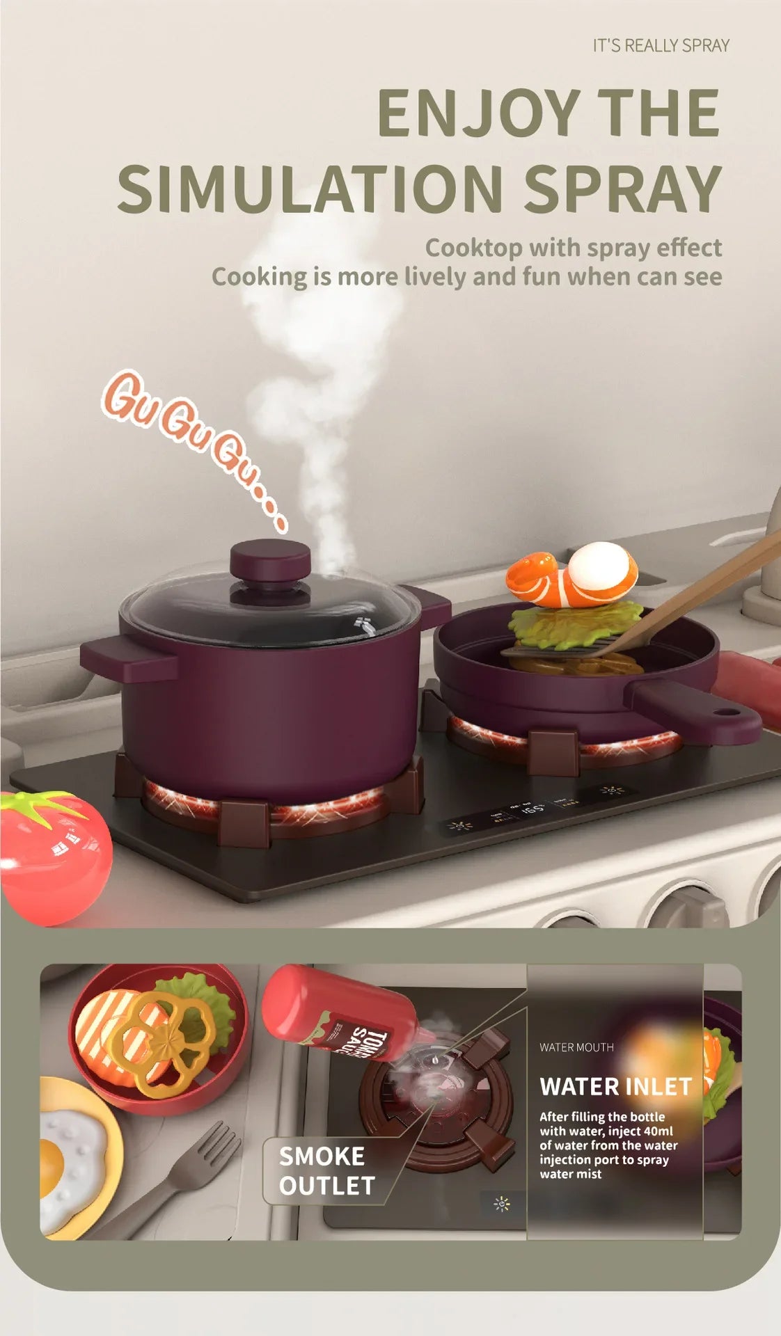 New 93cm Children's Simulated Spray Kitchen Tableware Set Sound Light Smoke Water Tableware Table Toy Christmas Gift Toy