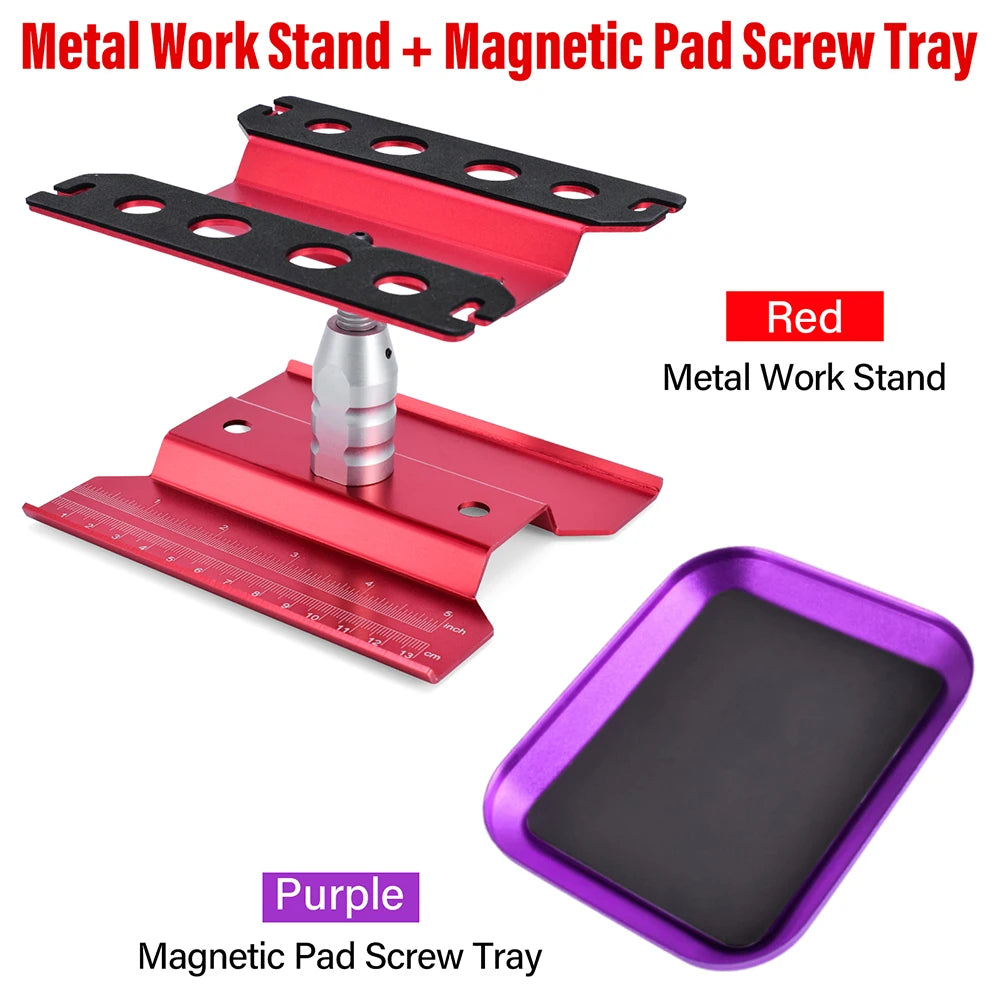 9IMOD RC Car Work Stand Metal Repair Workstation 360°Rotation Adjustable Height Magnetic Tray For 1:8 1:10 RC Model Car