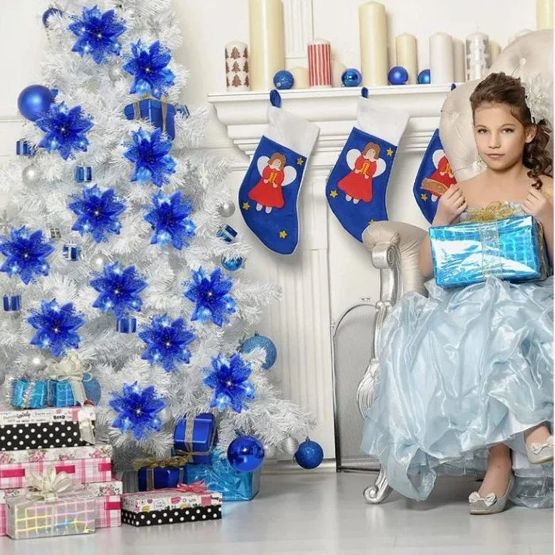 14.5cm Glitter Artifical Christmas Flowers Merry Christmas Tree Decoration Happy New Year Ornaments Xmas Fake Flowers Natal