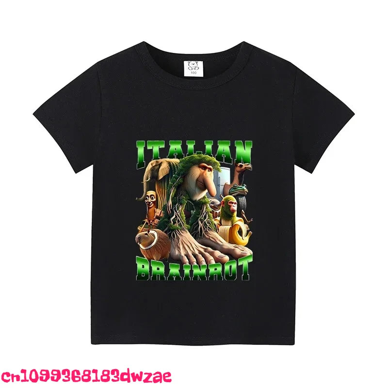 Italian Brainrot Animals Kids Cotton T-shirt Cappuccino Assassino Short Sleeve Tops for Kids Funny Meme Cute Tee Summer Clothing