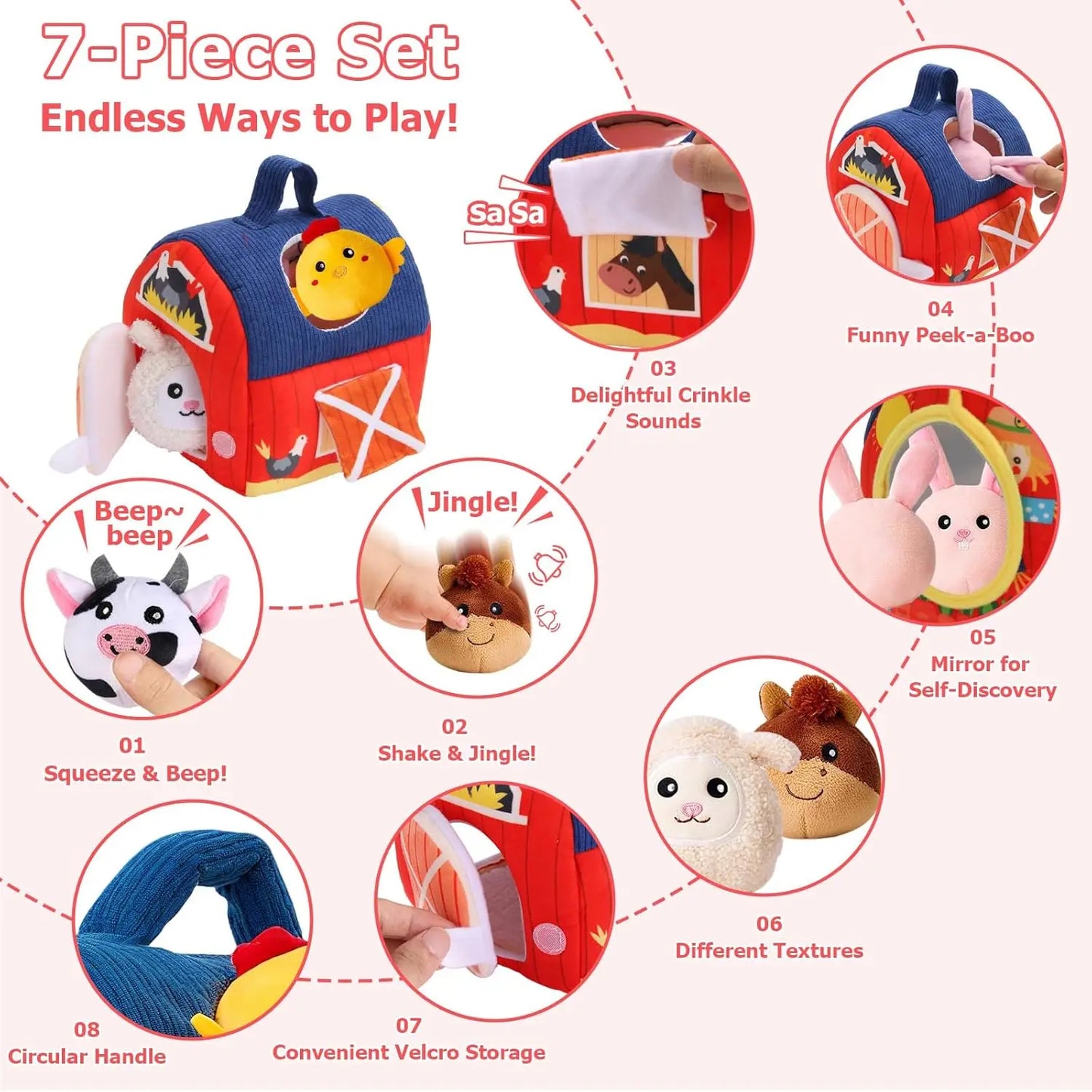 Portable Baby Barn Toy Box Farm Mini Doll with Filled Farm Animals Montessori Toddler Sensory Toy for 1-3 Years Old Children