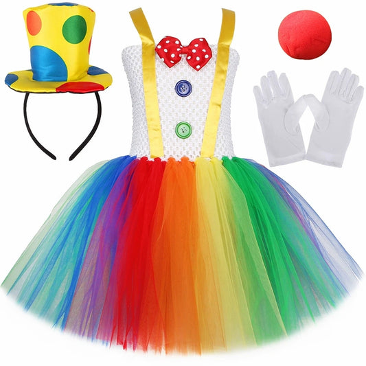 Rainbow Circus Clown Costume for Girls Funny Joker Halloween Tutu Dress for Kids Birthday Carnival Party Outfit Children Clothes
