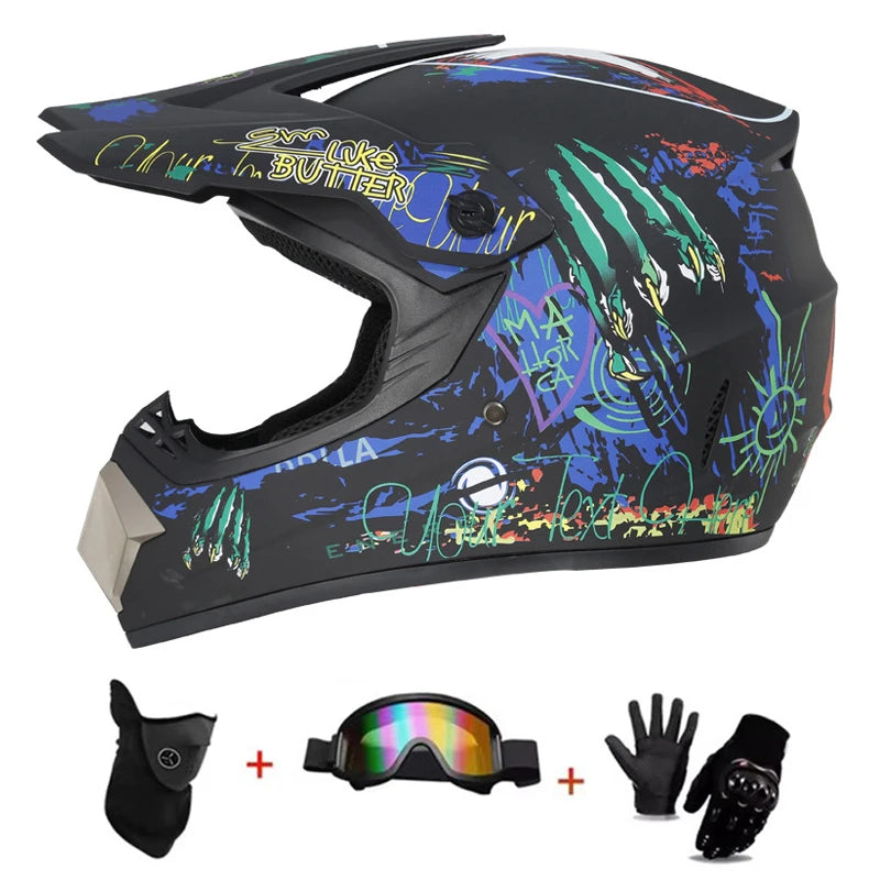 Kids MX Helmet Kit - DOT/ECE Certified Full-Face Helmet + Ventilated Off-Road Goggles + Riding Gloves
