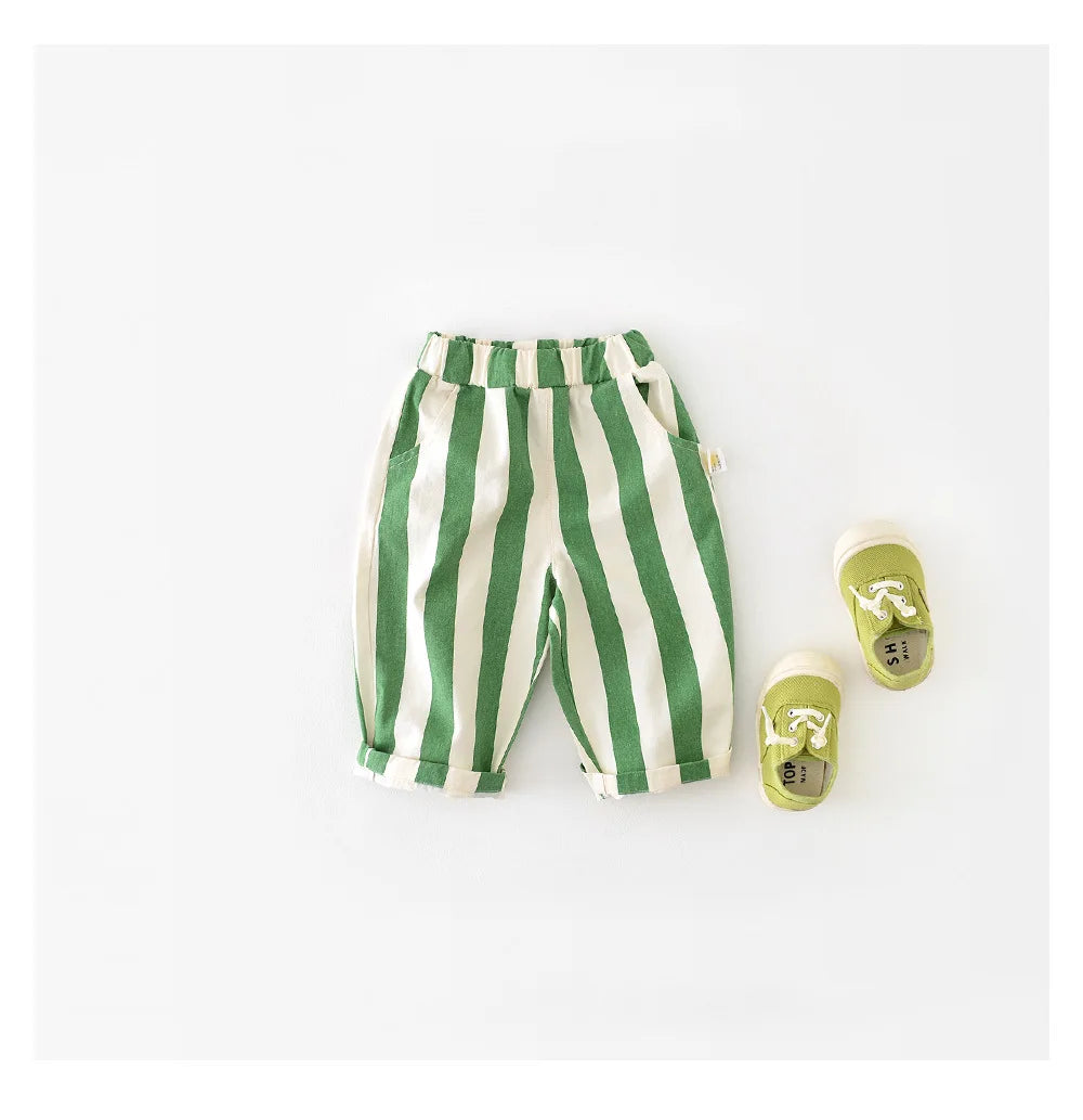 Autumn New Boy Girl Children Loose Striped Casual Pants Baby Pockets Fashion Pants Kid Outdoor Cotton Trousers Toddler Costume